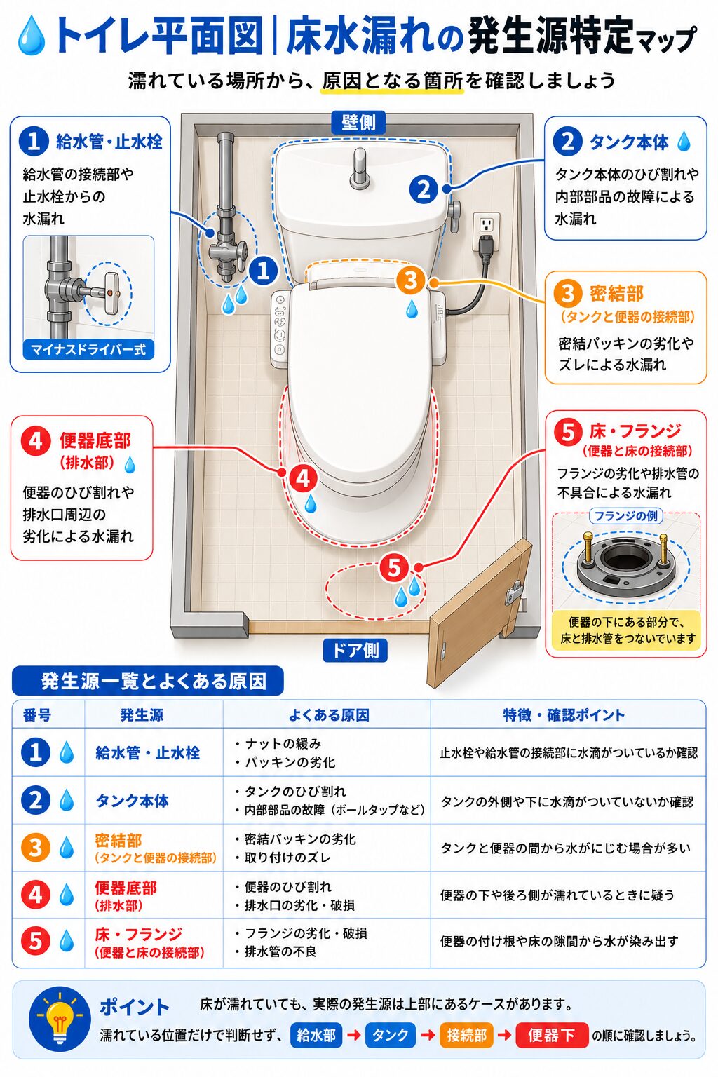 トイレの床が水漏れしたときの発生源確認マップ