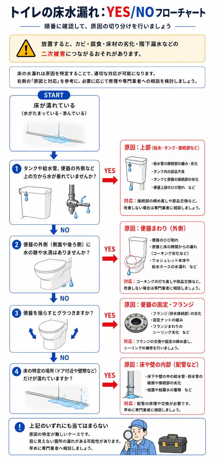 トイレの床水漏れの原因を確認するYES・NOフローチャート