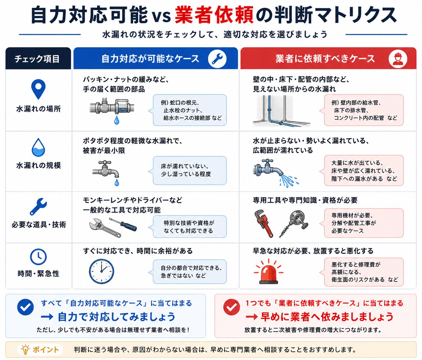 トイレの床水漏れを自分で対応するか業者へ依頼するかの判断基準