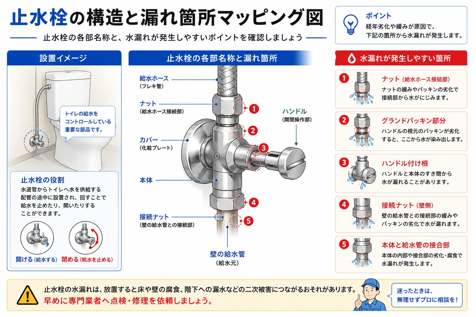 トイレの止水栓周辺の水漏れ箇所