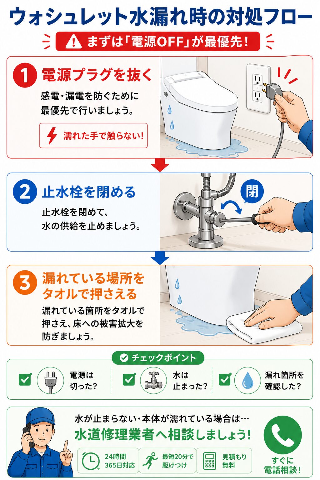 ウォシュレットから水漏れしたときの対処フロー
