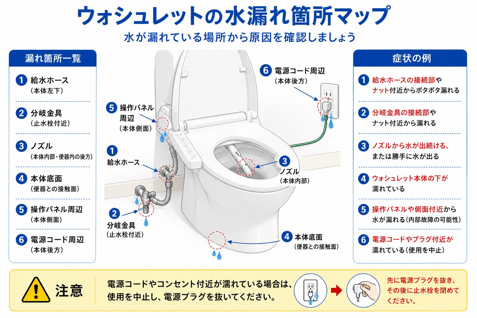 ウォシュレット外観と漏れ箇所のマッピング図