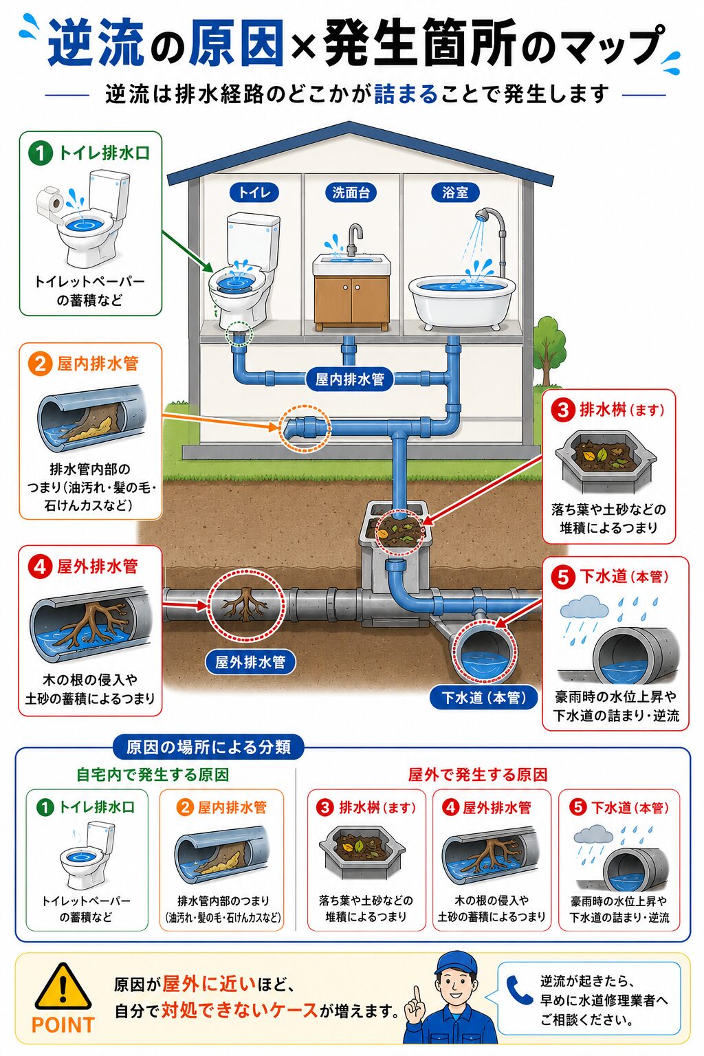 トイレ逆流の原因と発生箇所のマップ