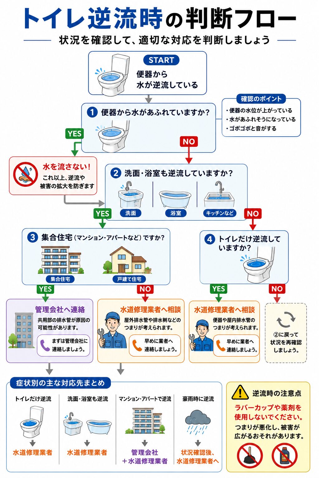 トイレが逆流したときの対処と判断フロー