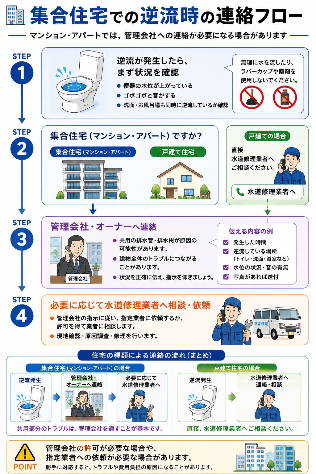 集合住宅でトイレが逆流したときの連絡フロー