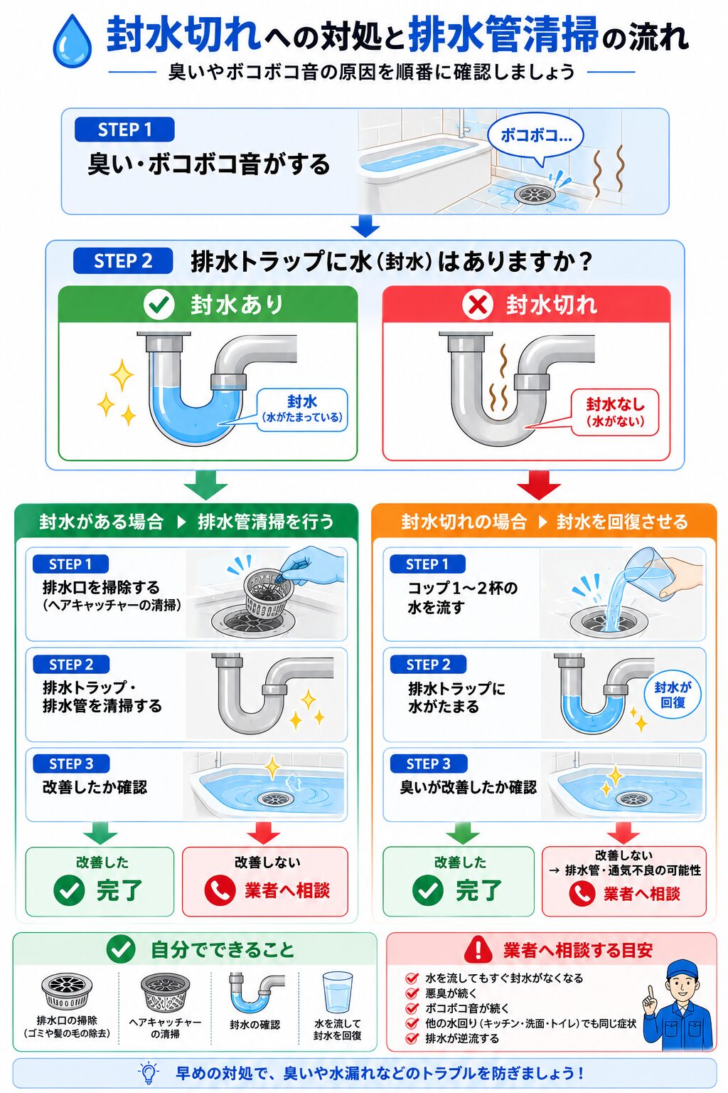 排水口の封水と清掃を確認する流れ