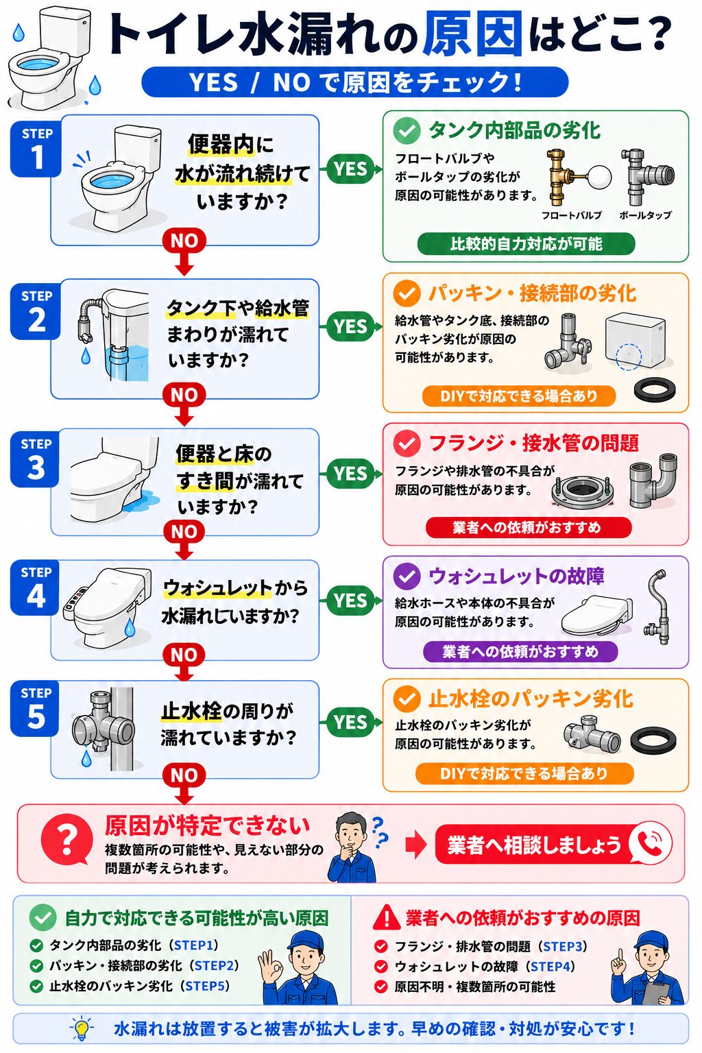 トイレ水漏れの原因を症状から確認するフローチャート