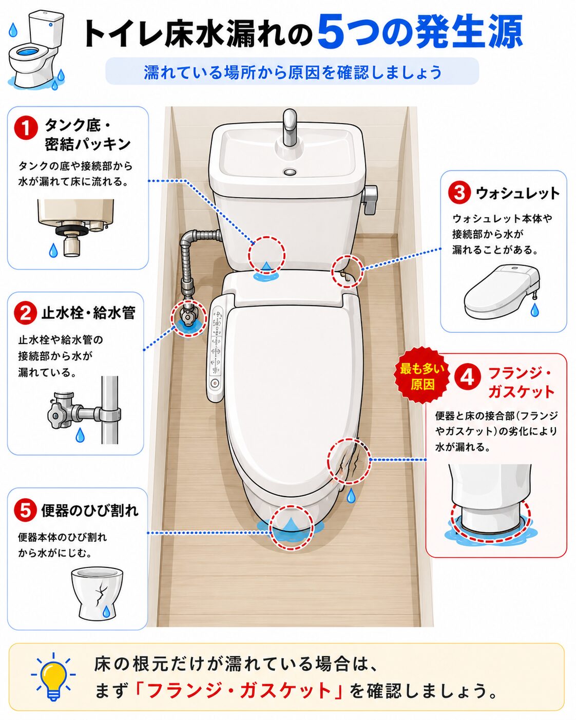 トイレの床水漏れで確認したい5つの発生源