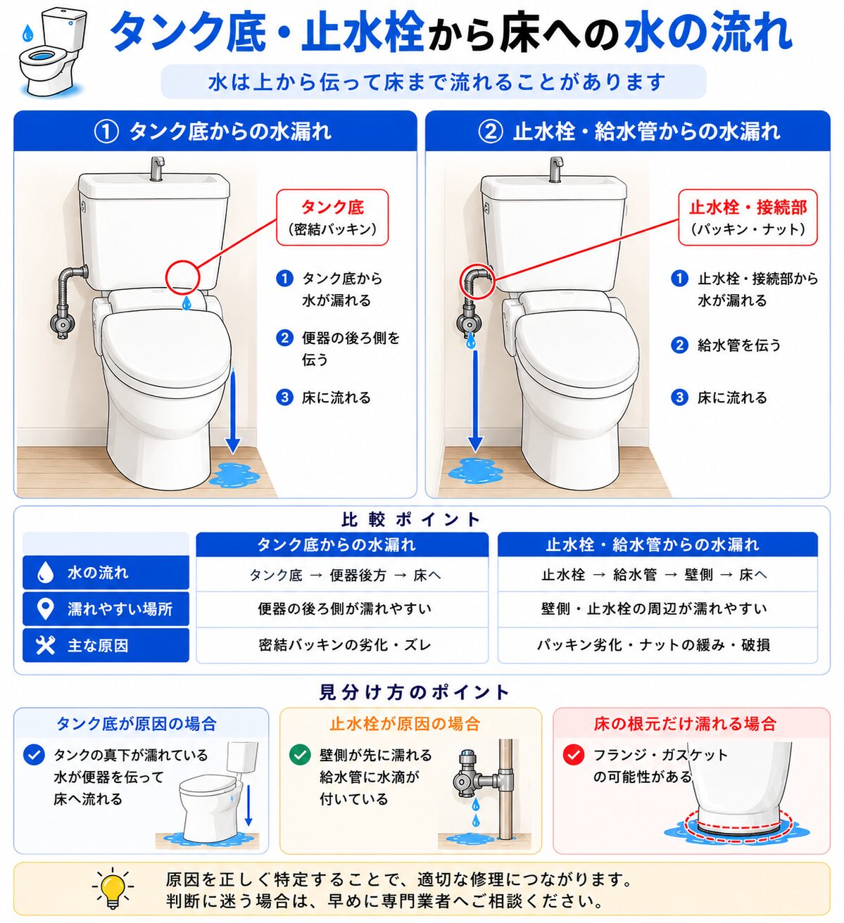 タンクや止水栓から漏れた水がトイレの床へ流れる例
