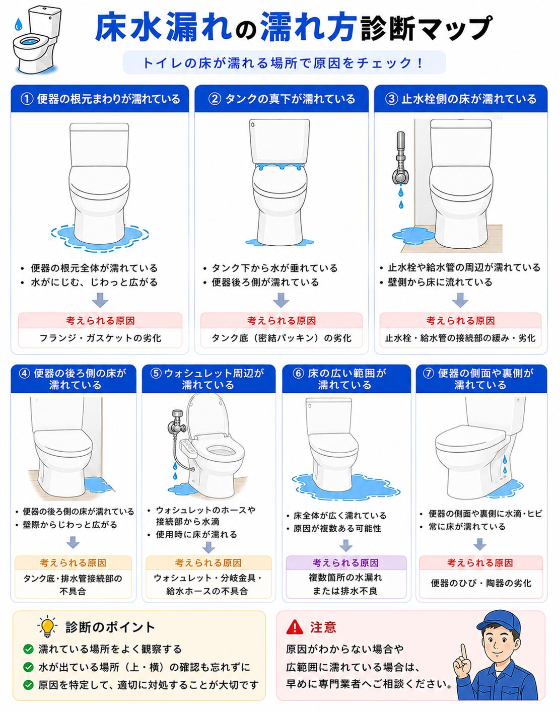 トイレ床の濡れ方から水漏れ原因を確認する診断マップ