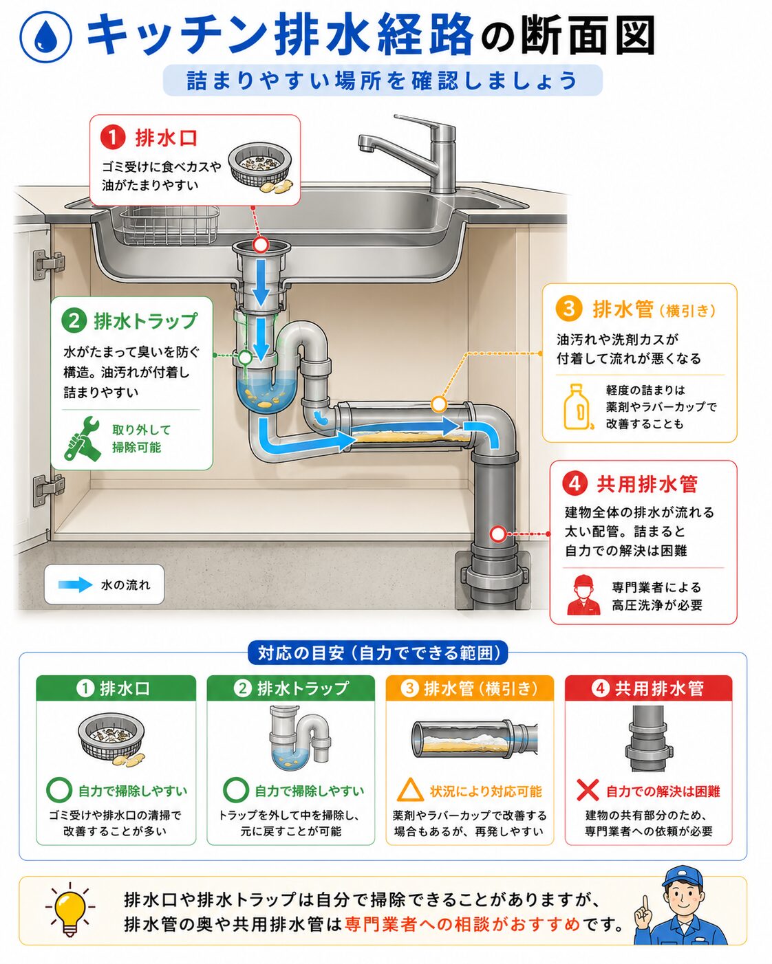 キッチンの排水口から排水管までの排水経路