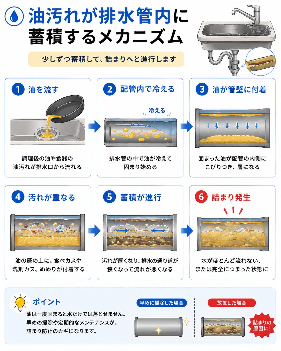 キッチンの排水管に油汚れが蓄積してつまる仕組み