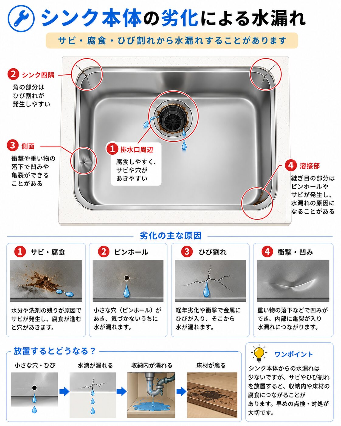 シンク本体の劣化や破損によって水漏れする箇所