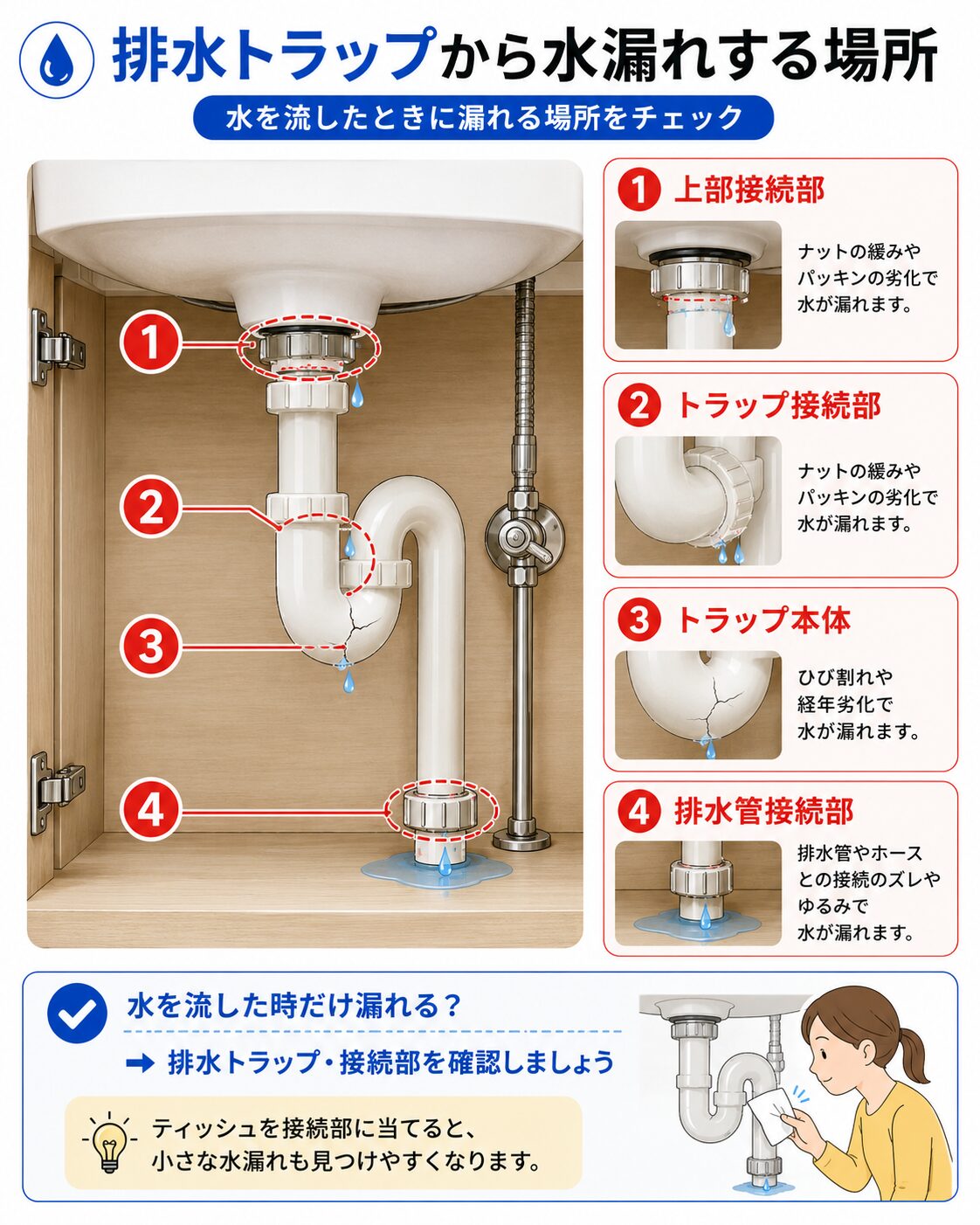 洗面台の排水トラップから水漏れする主な箇所