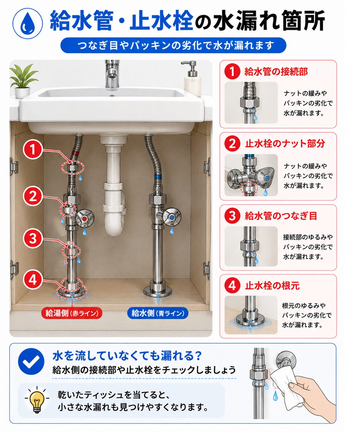 洗面台の給水管・止水栓から水漏れする主な箇所
