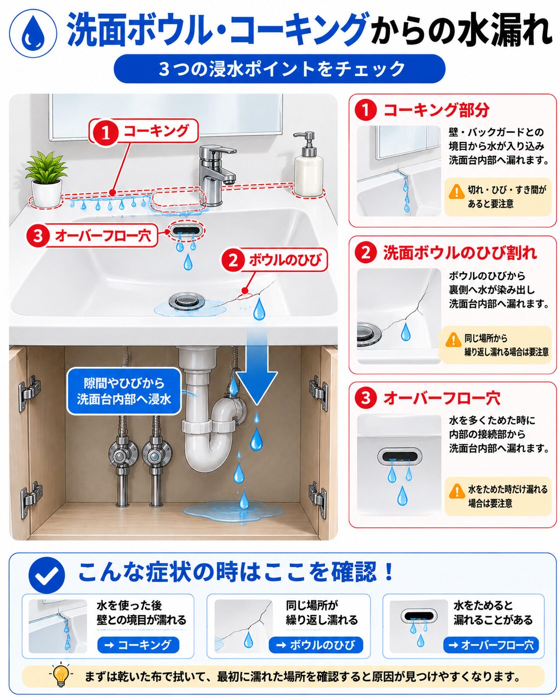 洗面ボウル周辺から水漏れする主な箇所