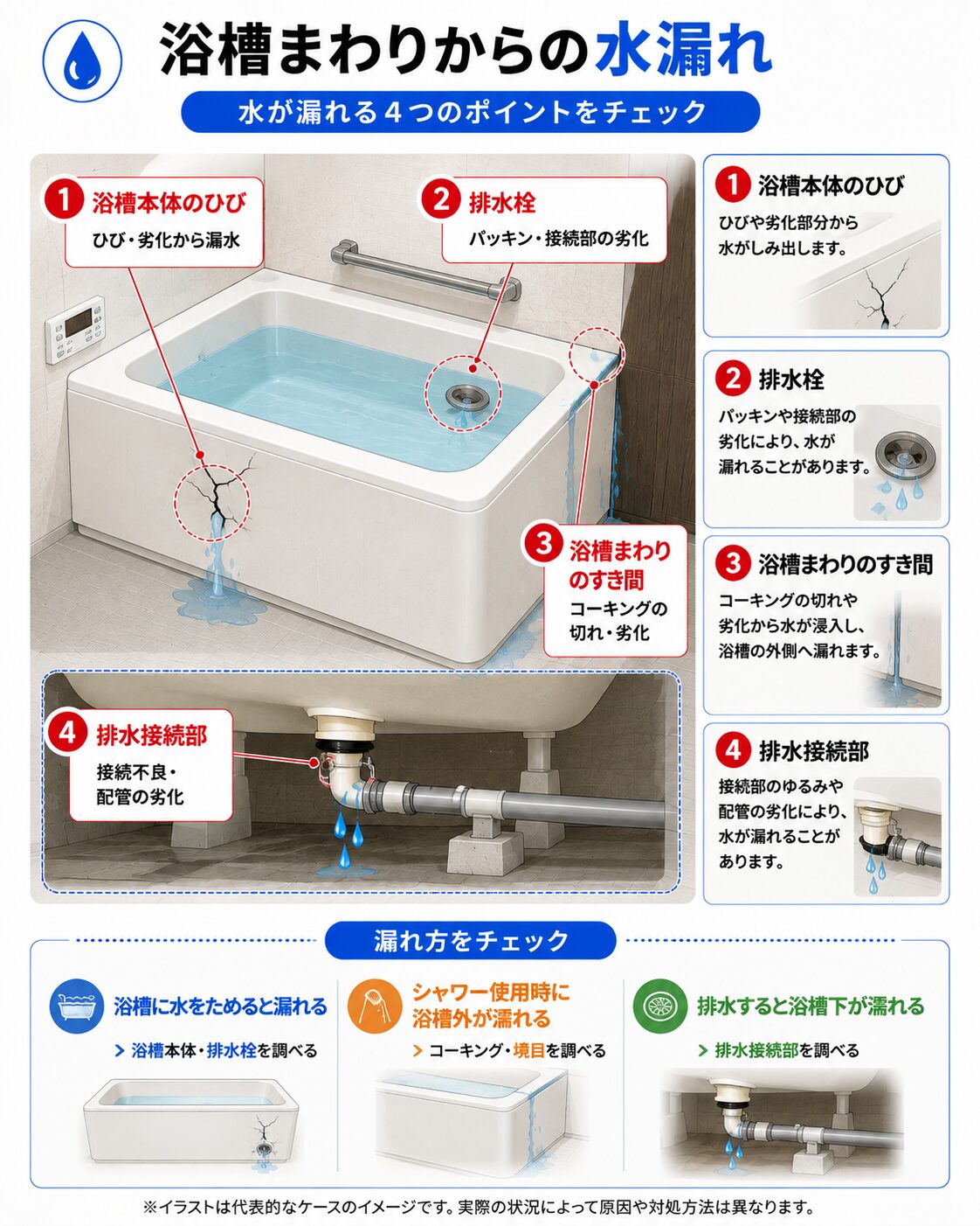 浴槽まわりで水漏れが発生する主な箇所