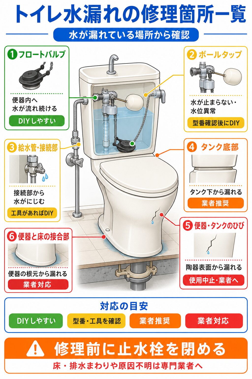 トイレの水漏れ箇所と修理対応の目安
