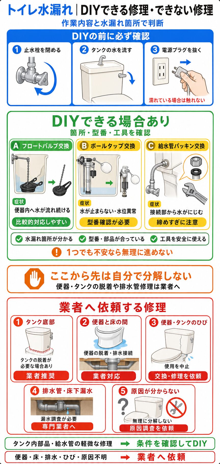 トイレ水漏れで自分で修理できるケースと業者へ依頼するケース