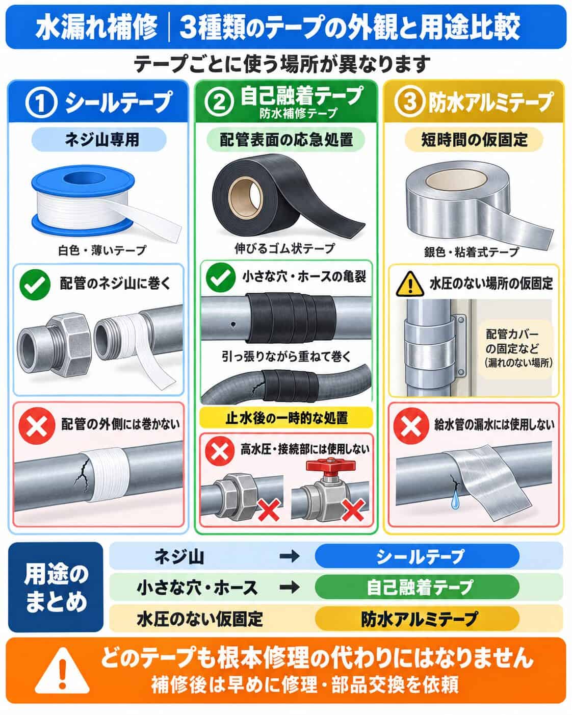3種類のテープの外観と用途比較