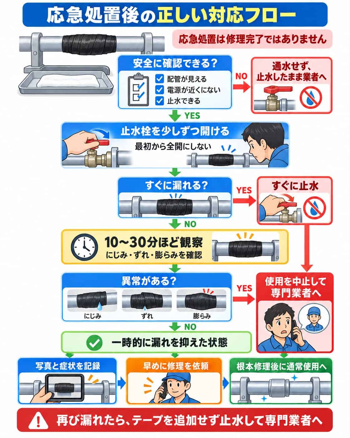 水漏れの応急処置後に確認する対応の流れ