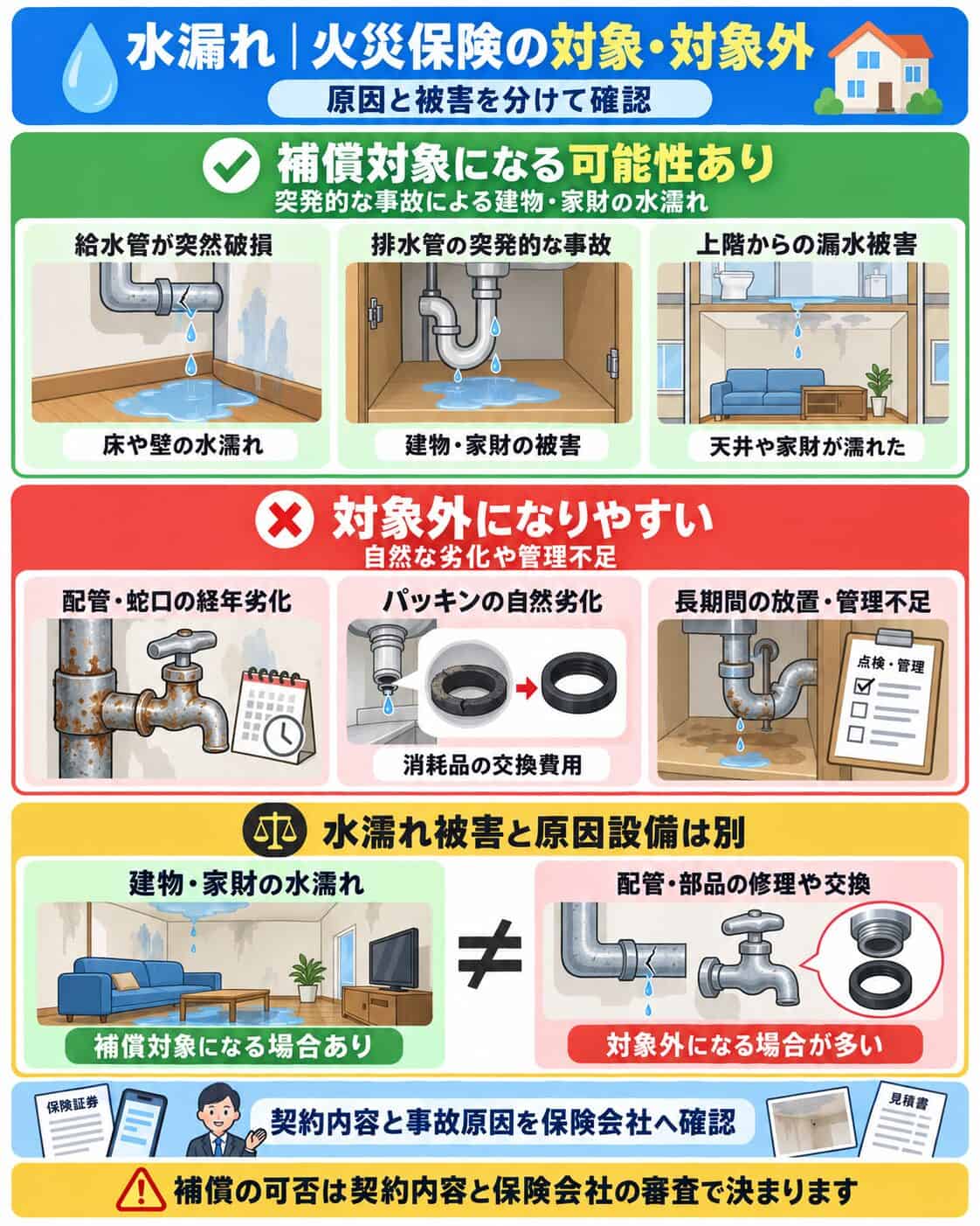水漏れによる建物・家財の被害と、原因になった配管や部品の修理について、火災保険の扱いを整理した図