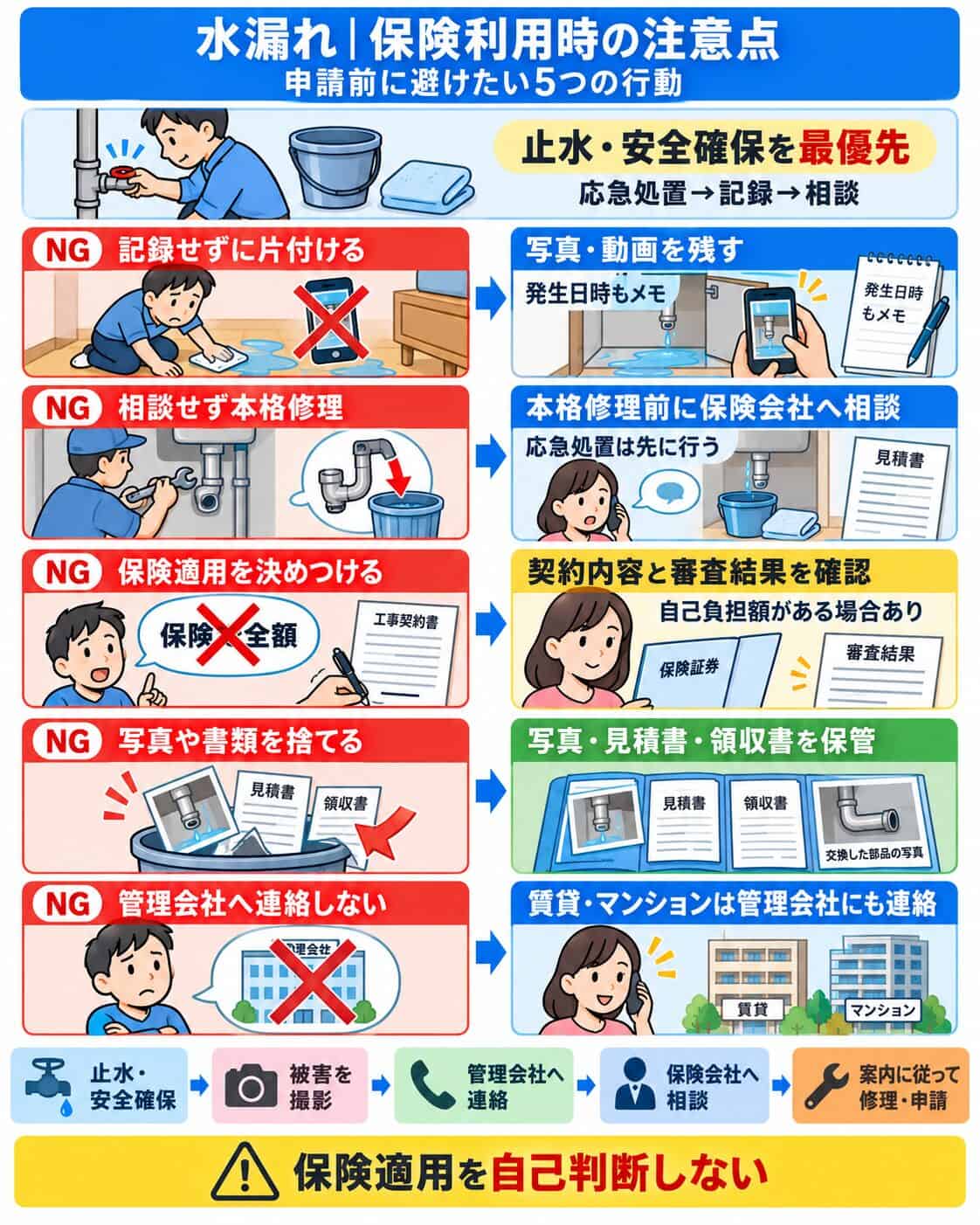 水漏れの保険利用時に、被害の記録、修理前の相談、書類の保管、管理会社への連絡などで注意したい点