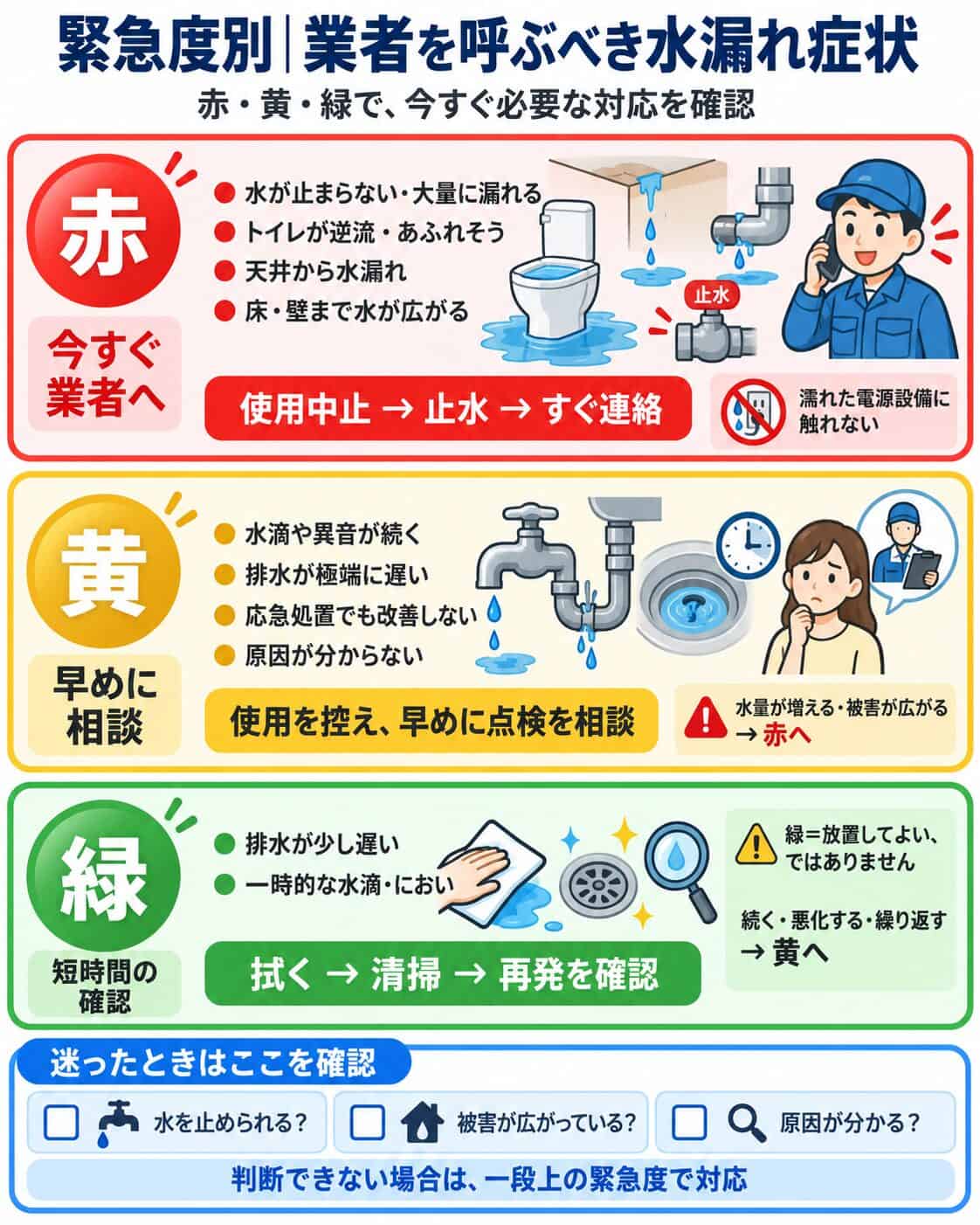 水道業者を呼ぶべき水漏れ症状を緊急度別に示した図解
