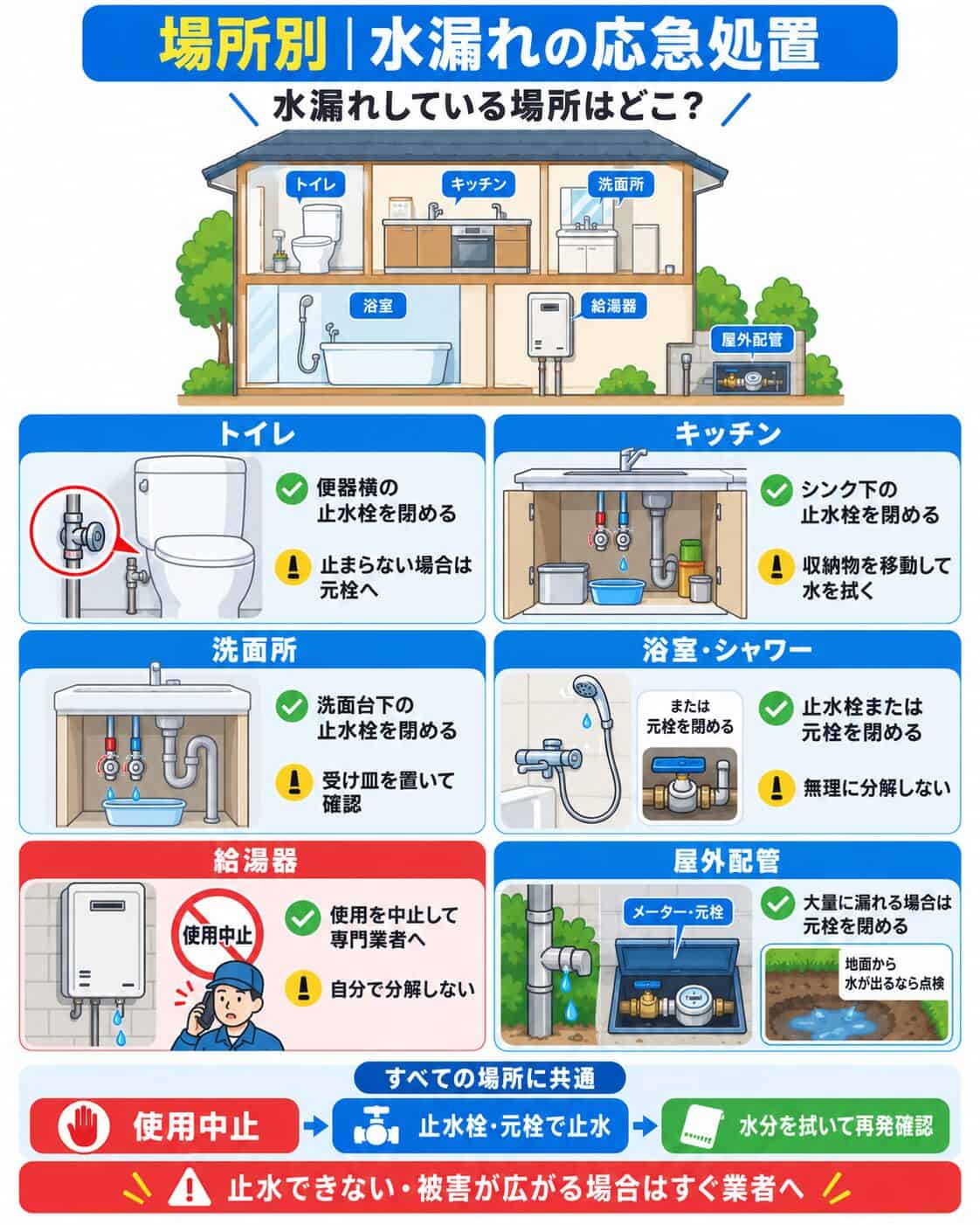 トイレ・キッチン・洗面台・浴室など場所別の水漏れ応急処置