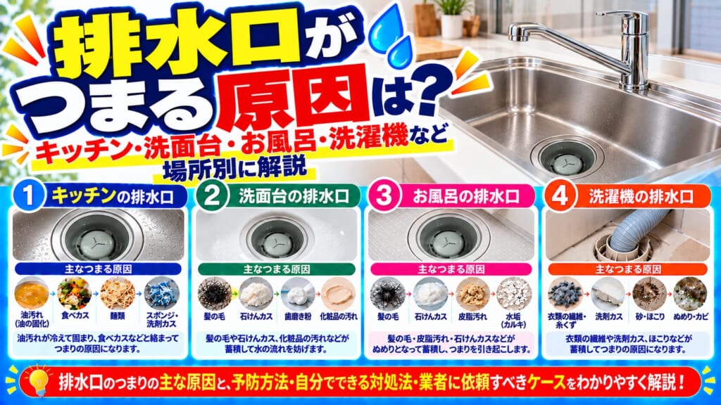 排水口がつまる原因を場所別解説